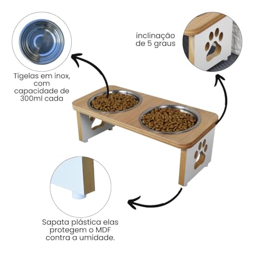 Comedouro Elevado Duplo Cachorro Pet MDF Linha Basica (Amadeirado)