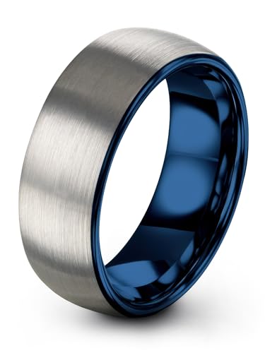 Charming Jewelers Tungsten Wedding Band Ring 8mm for Men Women Comfort Fit Blue Round Domed Brushed Size 10.5