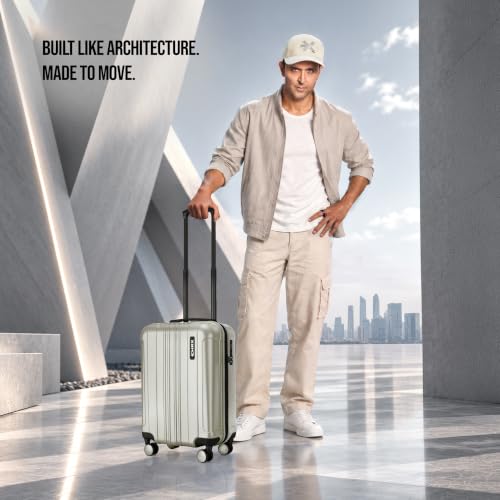 Image of HRX Force Cabin Size Silver Polycarbonate Hard Shell Suitcase - Premium Travel Trolley Bag with 8 Spinner Wheels, Number Lock & Water Resistant Body