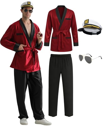 Oerinkend 5PCS Red Silk Robe & Black Pants Set with Captain Hat & Glasses Halloween Costume Accessories for Adults (Medium)