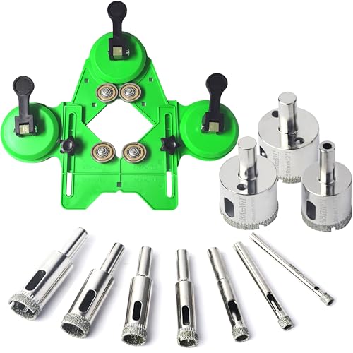 Diamond Drill Bits for Glass 1/4"~2" Tile Drill Bits Set with Three Suction Cups Hole Saw Guide Jig Diamond Hole Saw Drill Bit for Ceramic Pots Porcelain Tile Granite Marble 11PCS
