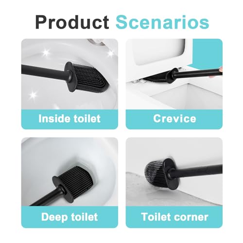 Silicone Toilet Bowl Brush with Holder,Wall Mounted Non Perforated Double-Sided Soft Adhesive Toilet Brush for Toilet Brush Set for Bathroom Cleaning (Black, 1 Set) by FANMAOUS - Used condition - Image 7