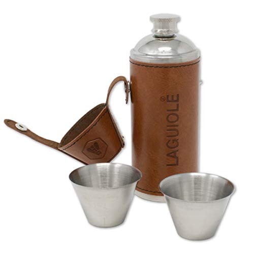 Laguiole Flachmann met 2 glazen, roestvrij staal, leer, bruin, geschenkdoos, Kerstmis, verjaardag, 235 ml, ideaal voor… - Afbeelding 3