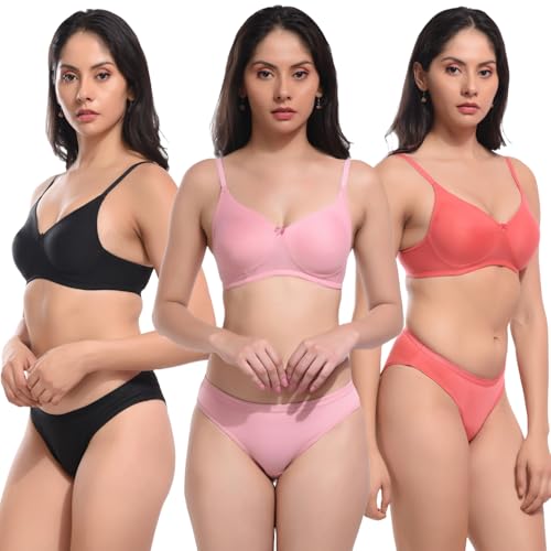 Image of REALSIDE Women Cotton Bra Panty Set for Lingerie Set|Bra Panty Set | Panty Bra Set for Women Women Lingerie Set A Beautiful Combo Pack of 3-Black,Green,Pink