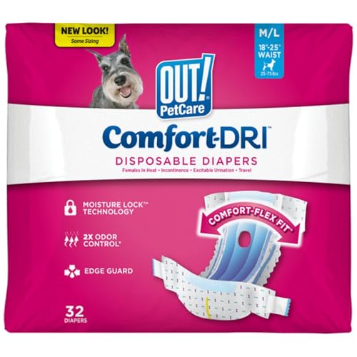 OUT! PetCare Disposable Dog Diapers Female, Potty Training, Dog Diapers, Female Doggie in Heat, Puppy Training, Incontinence, Puppy Essentials 18”-25” Waist (M/L, 32ct)