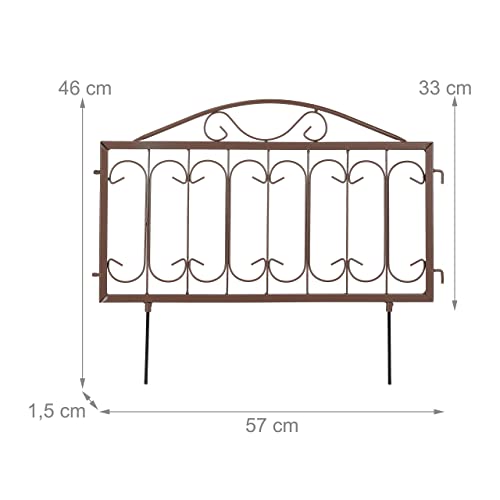 Relaxdays Beetzaun Metall, HxB: 46 x 57 cm, Garten Beeteinfassung zum Stecken, 4 Zaunelemente, Antik-Design, braun