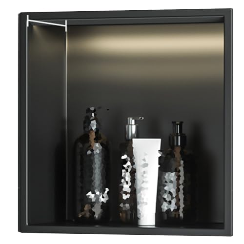 Niche de douche en acier inoxydable avec LED armoire murale encastrable luxe métal noir