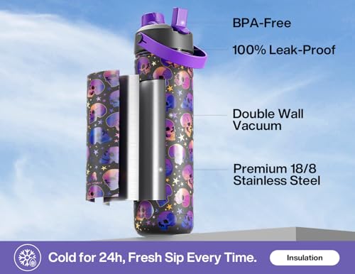 Image of 26 oz Insulated Water Bottle with 2-in-1 Straw and Spout Lid, Keep Cold 24H, Leak-Proof, Fits in Car Cup Holder, Stainless Steel Water Bottle for Gift, Trip, Holiday, Sports (Skull Realm)