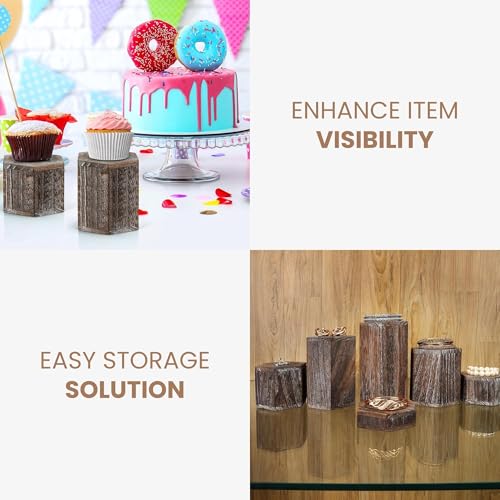 BELLE VOUS 6 Pack of Vintage Brown Wooden Hexagon Display Risers - Wood Showcase Stands for Shelves and Countertops - Step Plinths for Jewellery, Retail, Figures, Cupcakes and Desserts