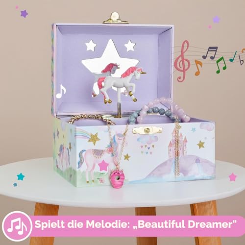 Jewelkeeper Musikalisches Schmuckkästchen Mädchen - Einhorn Design mit Drehfigur und Musikspieluhr, Einhorn Geschenke für Mädchen - Schatzkiste Kinder - Rosa, 21.8 x 27.4 x 38.3 cm