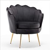 US Pride Furniture Velvet Barrel Chair, Stylish Accent with Scalloped Backrest and Gold Metal Legs, Suitable for Traditional, Modern, and Contemporary Living Rooms, Black