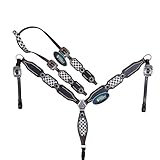MOUSM Finish Line Western Headstall and Breast Collar Set – Black Alligator Print with Silver Studs & Black-White Conchos – Argentina Cow Leather Gift for Barrel Racing Champions