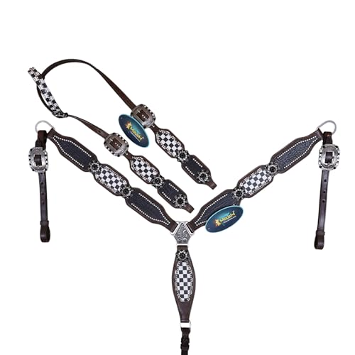 MOUSM Finish Line Western Headstall and Breast Collar Set – Black Alligator Print with Silver Studs & Black-White Conchos – Argentina Cow Leather Gift for Barrel Racing Champions