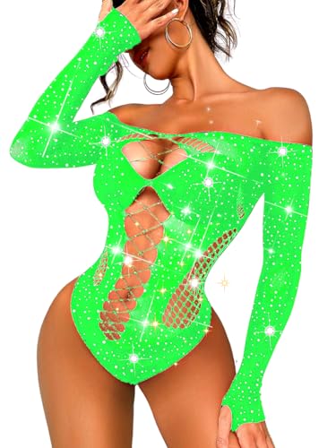 Kaei&Shi Rave Outfits For Women, Rhinestone Bodysuit Fits 0-16, Exotic Dancer Sexy Tops, Fishnet Stripper Plus Size Lingerie,Neon Green