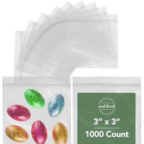 Seal Fresh Pill Bags – 3" x 3" (1000 Count), 2 Mil – Clear Plastic Reclosable Small Baggies with Resealable Lock Seal Zipper – Extra Small Snack Bags, Jewelry Bags, Dime Bags, Vitamin Bags Cover