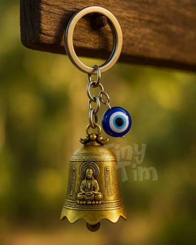 Image of Tiny Tim Guardian Bell with Evil Eye Charm - Protective Motorcycle & Car Accessory - Tibetan-Inspired Design - Wards Off Negative Energy - Ideal Gift for Bikers & Travelers
