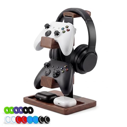 Yhinxuen 2-in-1-Controller-Halter und Kopfhörer-Ständer doppelstöckiges Aufbewahrungsregal ausMassivholz für Gaming-Zubehör. Halter für universelle Gaming Controller/Kopfhörer(Baum Braun)