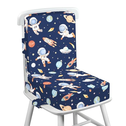 Trona de Viaje, Antideslizante Alzador Silla para Niños Comer con Respaldo para Bebe, 3 Correas Ajustables Lavable Asiento Elevador 36 x 32 x 10 CM - Astronauta (Azul Oscuro)