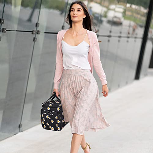 Hafmall Insulated Lunch Bag, 12L (18 Cans) Leakproof Adult Lunch Box, Womens Lunch Bag For Work/School, Reusable Lunch Cooler Bag With Shoulder Strap, Black+Daisy #TOP6