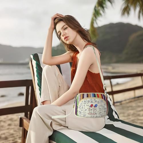 Ethnic Canvas Crossbody Phone Bag, Multi-Color Striped Pattern, Cream White with Art Print, 5 * 6 * 2inch, Compartments, Adjustable Shoulder Strap2