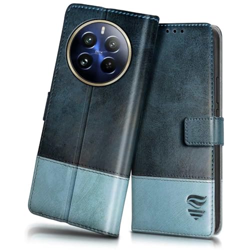 Image of Flipped Vegan Leather Flip Case Back Cover for Realme 12 Pro 5G | Realme 12 Pro Plus 5G (Flexible, Shock Proof | Hand Stitched Leather Finish | Card Pockets Wallet & Stand | Blue with Aquamarine)