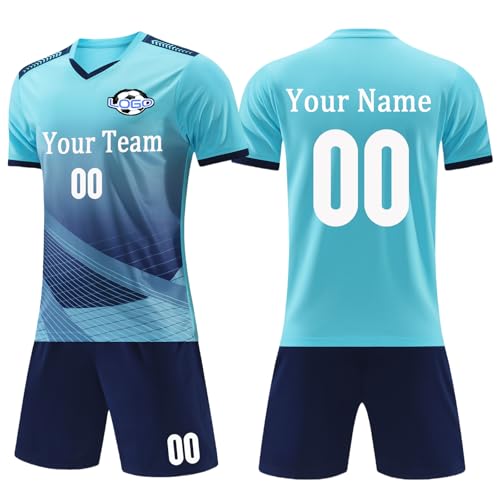 Girls Football Kit Personalised Football Kit Customisable with Name Number Team Logo Lake Blue