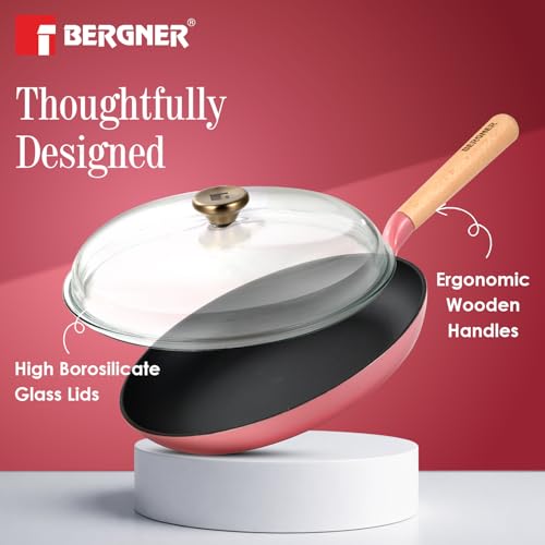 Image of BERGNER Excalibur Lightweight Cast Iron Frypan with Lid 28cm, Sturdy Wooden Handle, Non-Stick Coating, PFAS Free, Perfect Heat Distribution, Elegant Design - Induction Compatible (Pink)