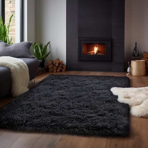Zentavio Black Area Rugs for Living Room Bedroom 4x6 Men Room Carpet Fluffy Furry Shag Aesthetic Plush High Pile Floor Rug for Nursery Kids Room Dorm Home Decor