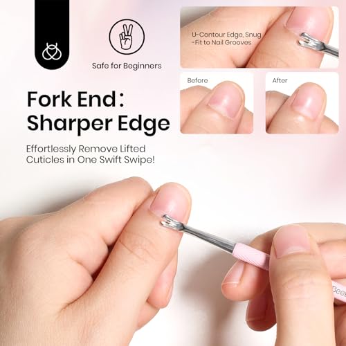 Image of Beetles Cuticle Pusher Dual Ended Cuticle Remover with Round End Push Back Cuticles Fork End Remove Lifted Cuticles Nail Prep Tool Stainless Steel Pink Two in One Dead Skin Nail Scraper