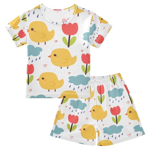 Mnsruu Sommer-Pyjama-Set für Mädchen und Jungen, Cartoon-Küken und Blumen, kurzärmelig und Hose, Pyjama, Kinder-Loungewear, #01, 10-12 Years