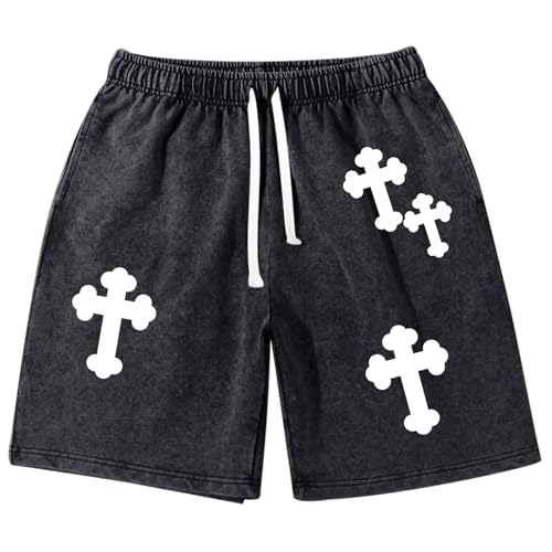 VikkBiss Mens Graphic Cross Print Shorts Drawstring Waist Track Athletic Acid Wash Short Teen Boy Grunge Workout Gym Short(Black L)
