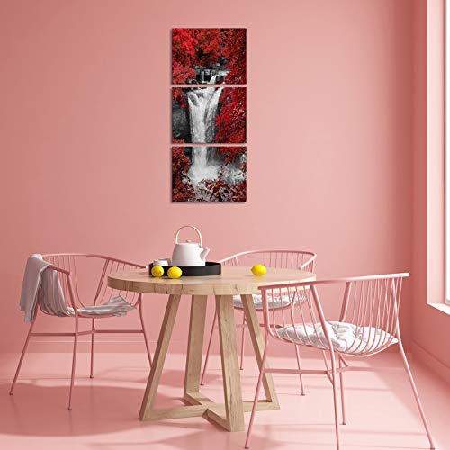 3 Pieces Wall Art Red Trees Forest Black And White Waterfall Landscape Picture Canvas Print Natural Artwork Framed Painting Modern Home Office Bathroom Wall Decoration Ready To Hang #TOP1