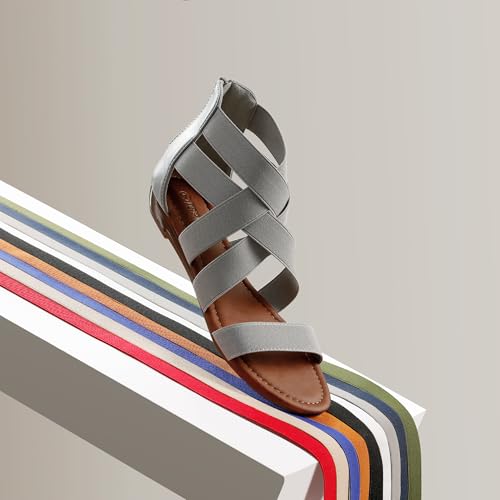 DREAM PAIRS DREAM PAIRS Women's Elastic Ankle Strap Sandals Gladiator Strappy Low Wedges Sandals,Size 5,Grey,ELASTICA8