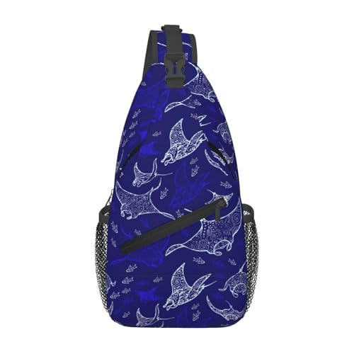 Manta Ray And Fish Print Crossbody Sling Bag, Lightweight Shoulder Backpack Adjustable Outdoor Travel Cycling Bag