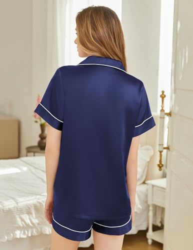 Image of Silk Pajamas for Women Short Sleeve Sleepwear Soft Button Down Loungewear 2 Piece Satin Pjs Shorts Set S-XXL