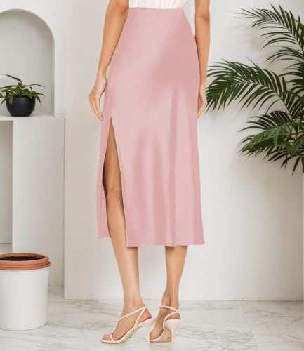 Image of Amy Babe Womens Satin Silk High Waist Slit Midi Skirt Long Skirts for Women | Elastic Waistband, Side Split, Midi Length, Below the Knee, Silky Fabric, Elegant, Fall Winter Outfits