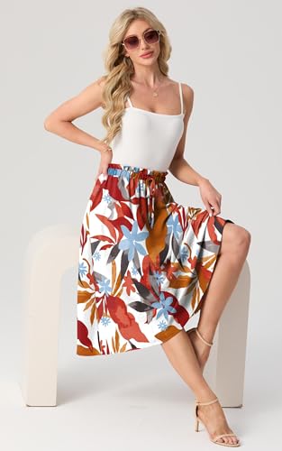 GRECERELLE Womens Summer Midi Skirts Boho Flowy Casual High Waisted Palazzo A-Line Skirt with Pockets & Adjustable Tie Belt (White Maple Flower, L) - Image 4