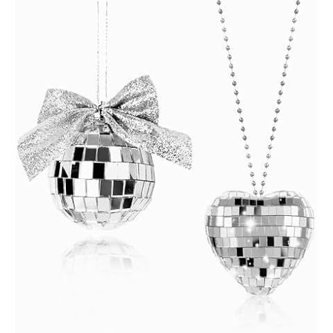 2 Pack Disco Ball Car Mirror Hanger，Heart Car Disco Ball and Bowknot Disco Ball Decor, Mirror Disco Ball Hanging Car Accessory Disco Ball Party Decorations and Supplies (Silver) Cover