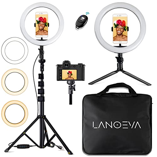 Top Brands LANOEVA 10-inch Selfie Ring Light with 2 Adjustable Tripod Stands & Cell Phone Flexible Holder - Circle LED Beauty Camera Halo for Live Stream/YouTube Video/TikTok/Makeup - Remote for iPhone/Android