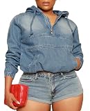 Tycorwd Women's Plus Size Half Zip Denim Hoodie Sweatshirt Pullover Jacket Jean Tops with Pockets Blue 5XL