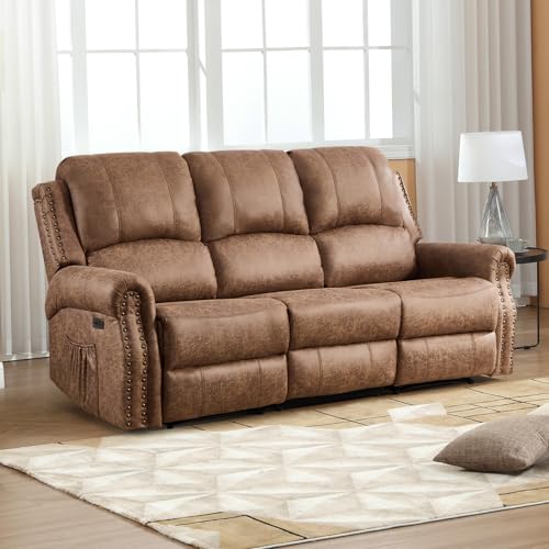 CANMOV Faux Leather Power Reclining Sofa, 3 Seat Electric Recliner Couch Sofa with Rivet Decoration, Recliner Sofa for Living Room, Office, Nut Brown