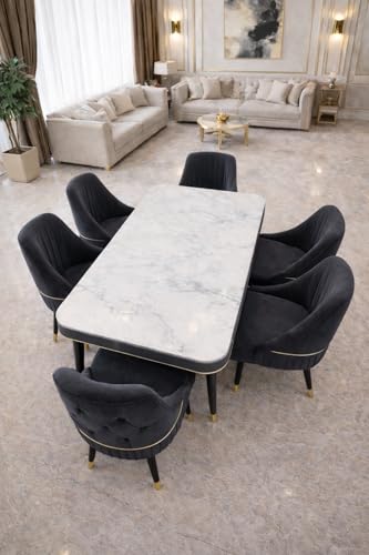 Image of WOODEN SPACE 6-Seater Wooden Dining Table Set | Nano Composite Marble Top | Solid Wood Base | Modern Dining Room Furniture with 6 Chairs (Black Grand Aura)