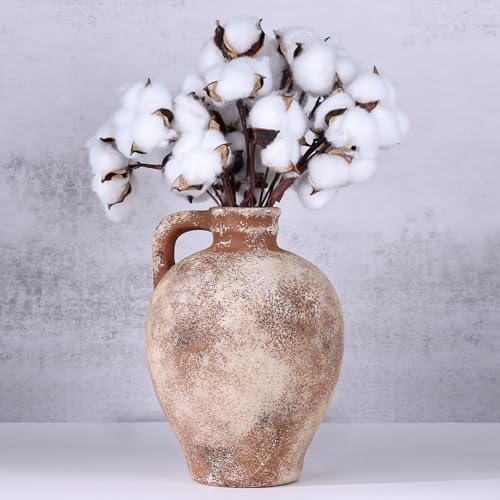 Vaso Rustico con Manici da 22,6 cm, Decorazione Farmhouse per la Casa, Brocca in Terracotta Vintage, Anfora in Pietra Stile Antico per Soggiorno, Scaffale, Tavolo da Pranzo