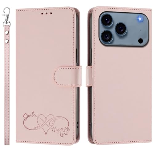 Étui iPhone 16 Pro rose avec rabat magnétique et fentes pour cartes