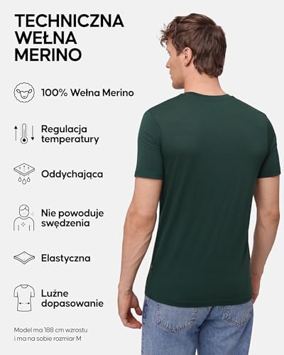 DANISH ENDURANCE Koszulka Męska 100% Wełna Merino, Oddychająca, Luźny Krój, Odporna na Zapachy, 1-Pak, CiemnoZieleń, XL