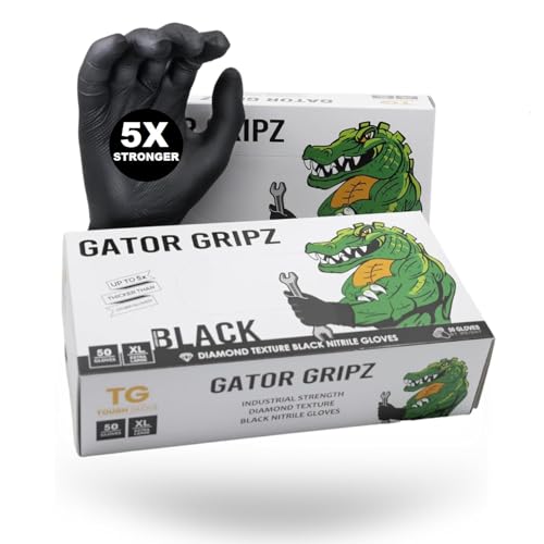 TG TOUGH GLOVE Gator Gripz Nitrile Gloves (Pack Of 50) | Diamond Texture Black Disposable | Powder & Latex Free | Strong Heavy-Duty | L