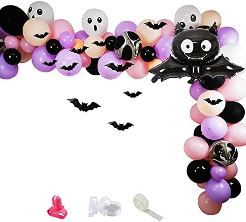 HPWF Halloween Baby Shower Decorations for Girl, Pink Purple Black Halloween Balloon Garland Arch Kit, Bat Foil Balloons, Bats Wall Stickers for Halloween Witch Party Decorations Baby Shower