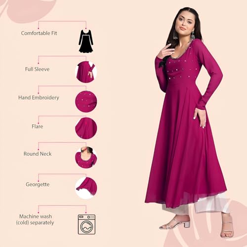 Image of PH POSHAKHUB Georgette Regular Fit Hand Embroidery Anarkali Kurta Set for Women, Yoke Anarkali Kurta for Woman, Ankle Length Anarkali Suit for Women, Full Sleeve Kurti, Dress for Woman