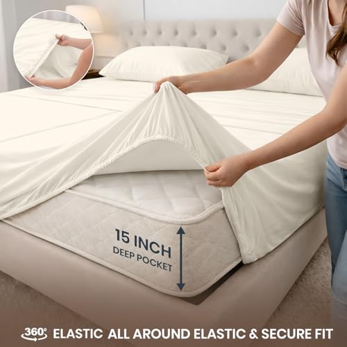 Image of SGI Split King Sheet Set for Adjustable Bed Egyptian Premium Cotton 600 Thread Count Sheets for Sleep Number Bed 15 inch Deep Pocket 5 Pc Set with 2 Twin XL Fitted Sheets Soft Breathable -Ivory