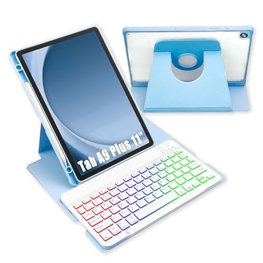 MePadKey Capa com teclado para Samsung Galaxy Tab A9 Plus 27.9 cm SM-X210/SM-X215/SM-X216, capa traseira giratória de 360° com teclado destacável colorido retroiluminado adequado para tablet A9+ 5g